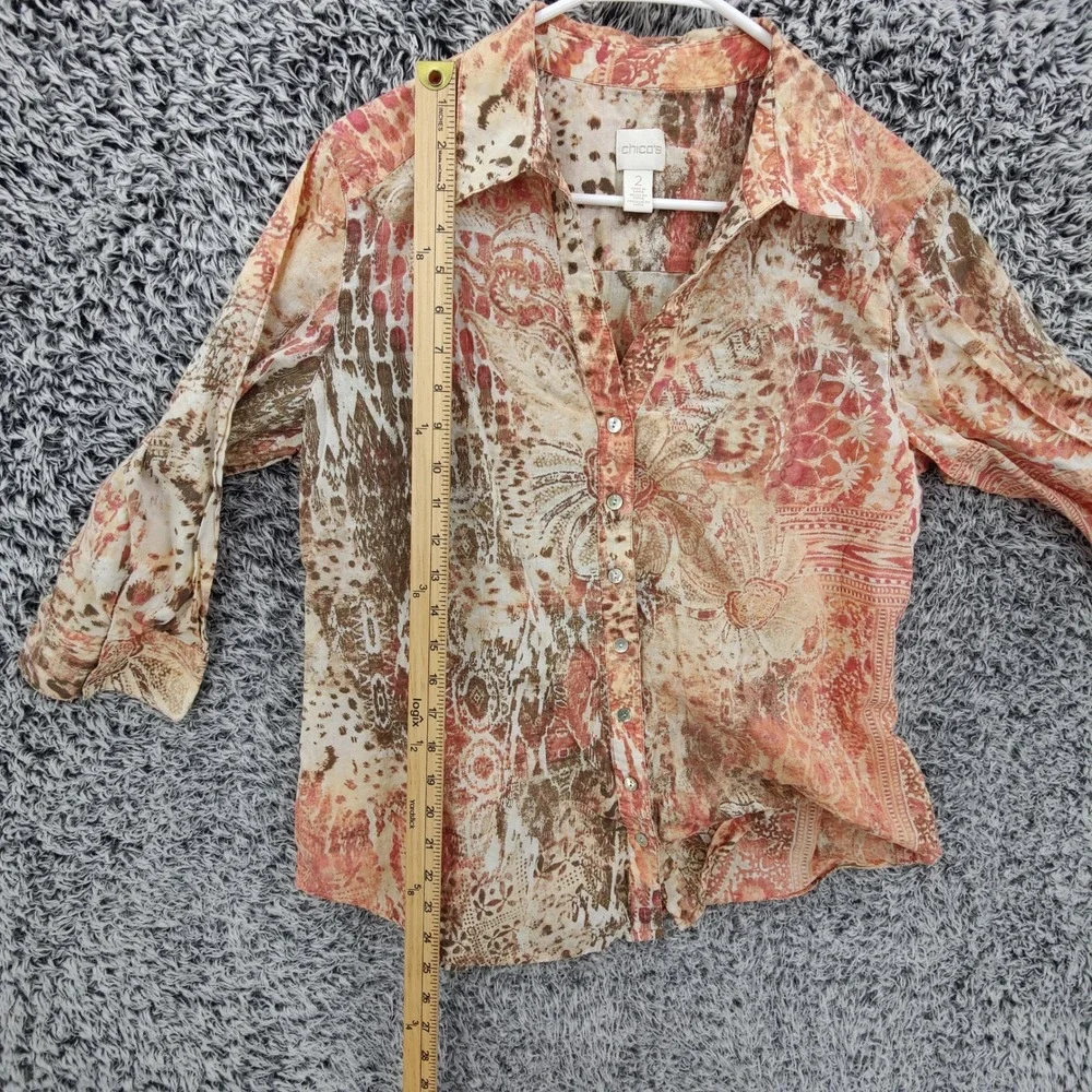 Chicos Women Maximalist Earthy Abstract Animal Button Down Shirt 2 Large Tan - Picture 3 of 16